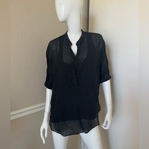 EUROPEAN CULTURE Black Cotton/Ramie Sheer Blouse w/ Attached Inner Tank Top L